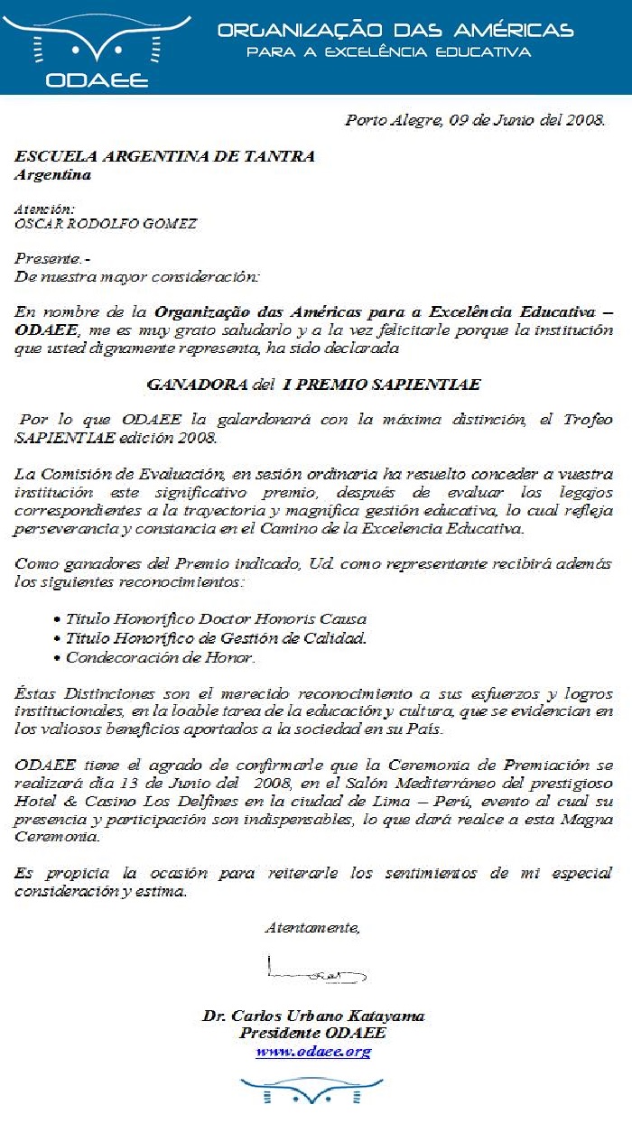 Carta enviada por la Organización de las Américas en junio de 2008 al Dr. Oscar R. Gómez en reconocimiento de su labor en el campo de la filosofía y la educación